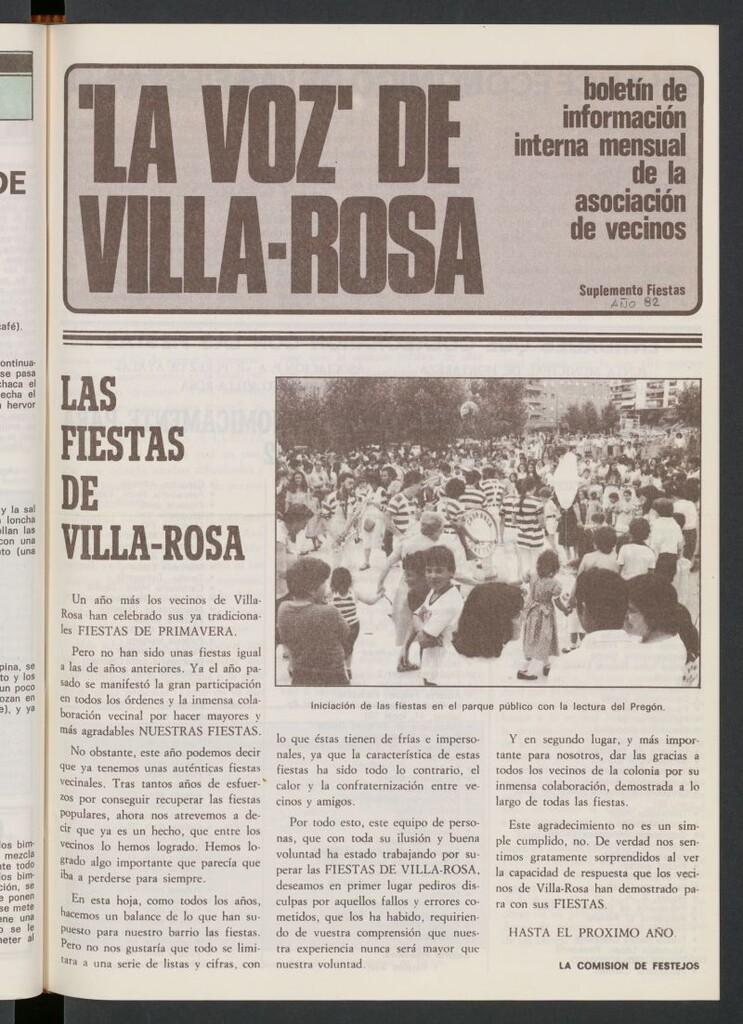 Miniatura de La Voz de Villa-Rosa: boletín informativo mensual de la asociación de vecinos, suplemento fiestas de 1982