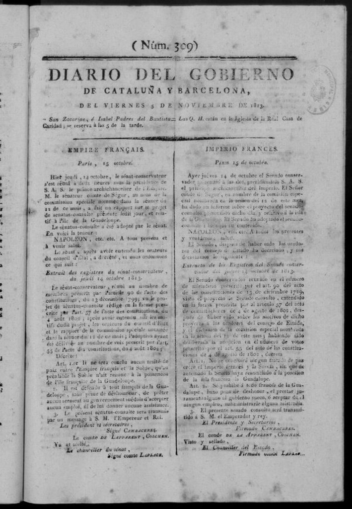Miniatura de Diario de Barcelona del viernes 5 de noviembre de 1813