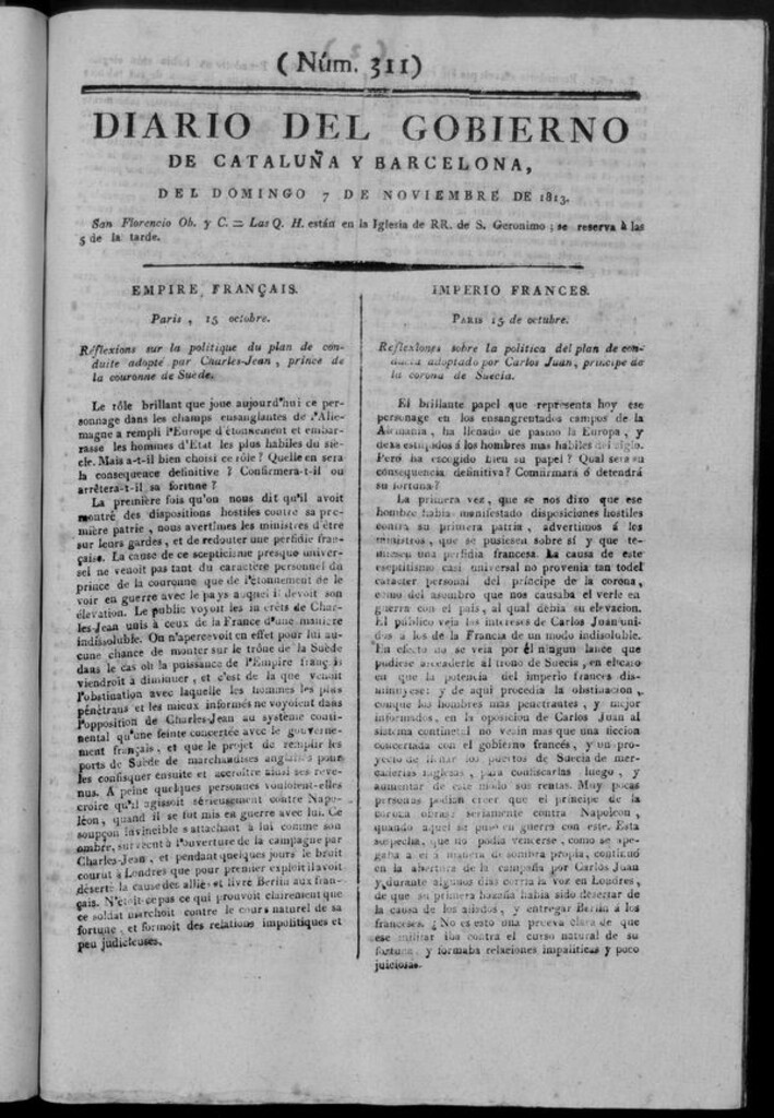 Miniatura de Diario de Barcelona del domingo 7 de noviembre de 1813