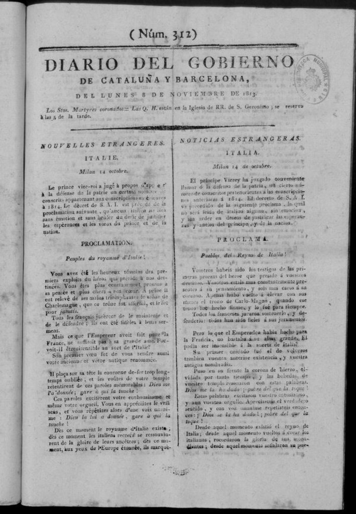 Miniatura de Diario de Barcelona del lunes 8 de noviembre de 1813
