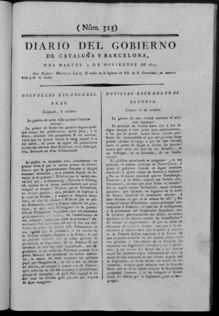 Miniatura de Diario de Barcelona del martes 9 de noviembre de 1813