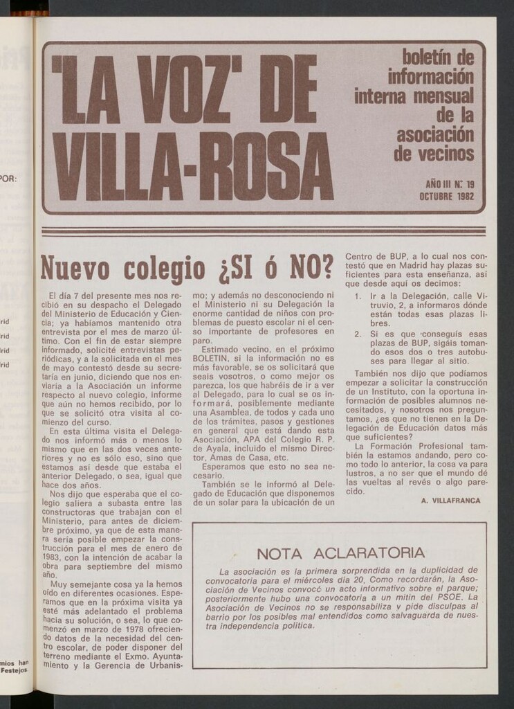 Miniatura de La Voz de Villa-Rosa: boletín informativo mensual de la asociación de vecinos, nº 19 de octubre de 1982