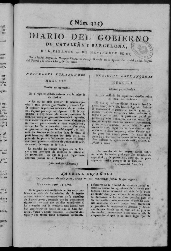 Miniatura de Diario de Barcelona del viernes 19 de noviembre de 1813