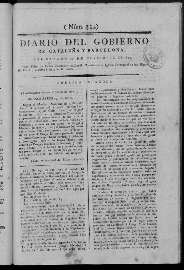 Miniatura de Diario de Barcelona del sábado 20 de noviembre de 1813