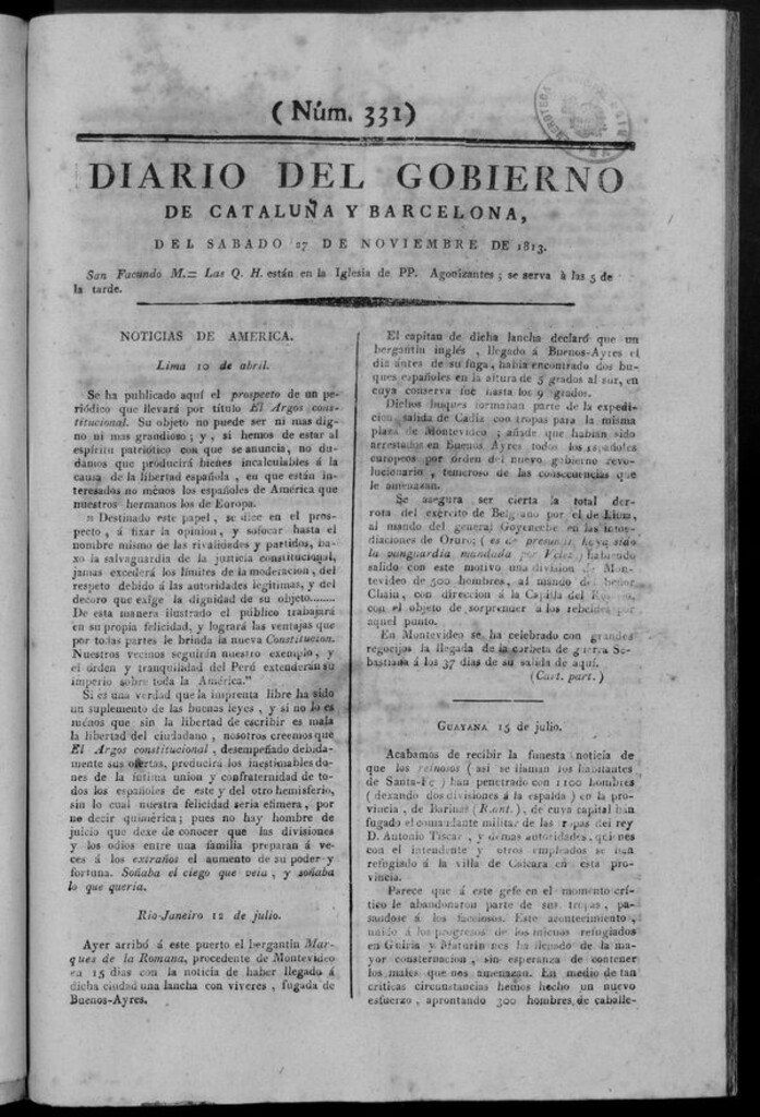 Miniatura de Diario de Barcelona del sábado 27 de noviembre de 1813