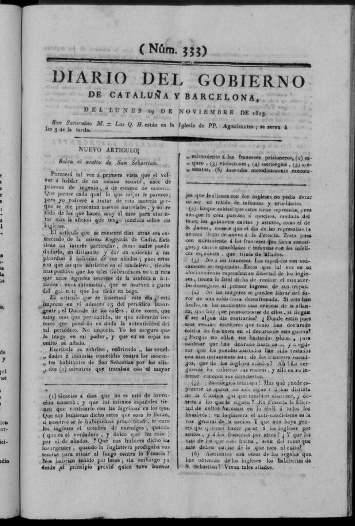 Miniatura de Diario de Barcelona del lunes 29 de noviembre de 1813