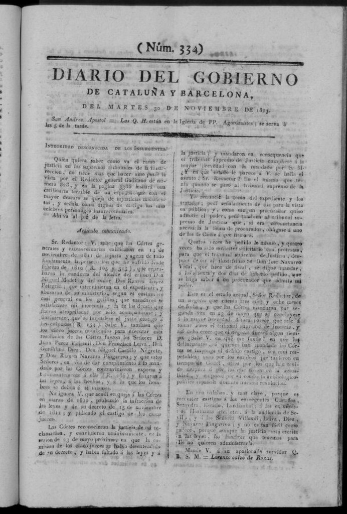 Miniatura de Diario de Barcelona del martes 30 de noviembre de 1813