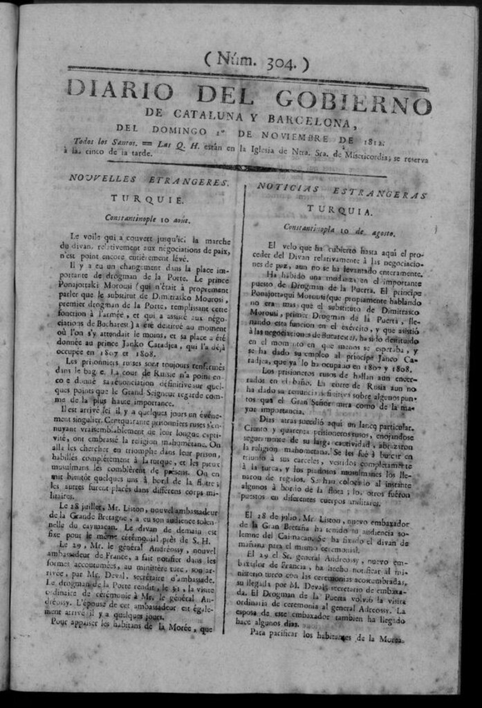 Miniatura de Diario de Barcelona del domingo 1 de noviembre de 1812