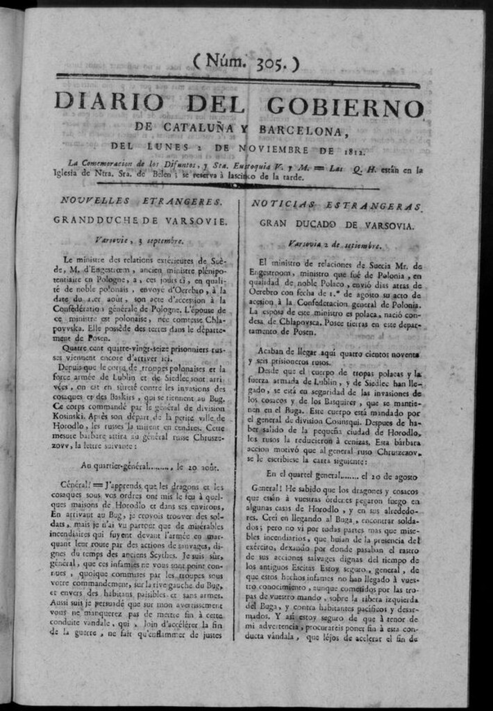 Miniatura de Diario de Barcelona del lunes 2 de noviembre de 1812