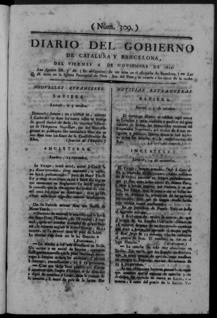 Miniatura de Diario de Barcelona del viernes 6 de noviembre de 1812