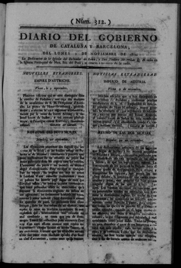 Miniatura de Diario de Barcelona del lunes 9 de noviembre de 1812