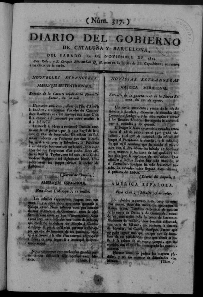 Miniatura de Diario de Barcelona del sábado 14 de noviembre de 1812