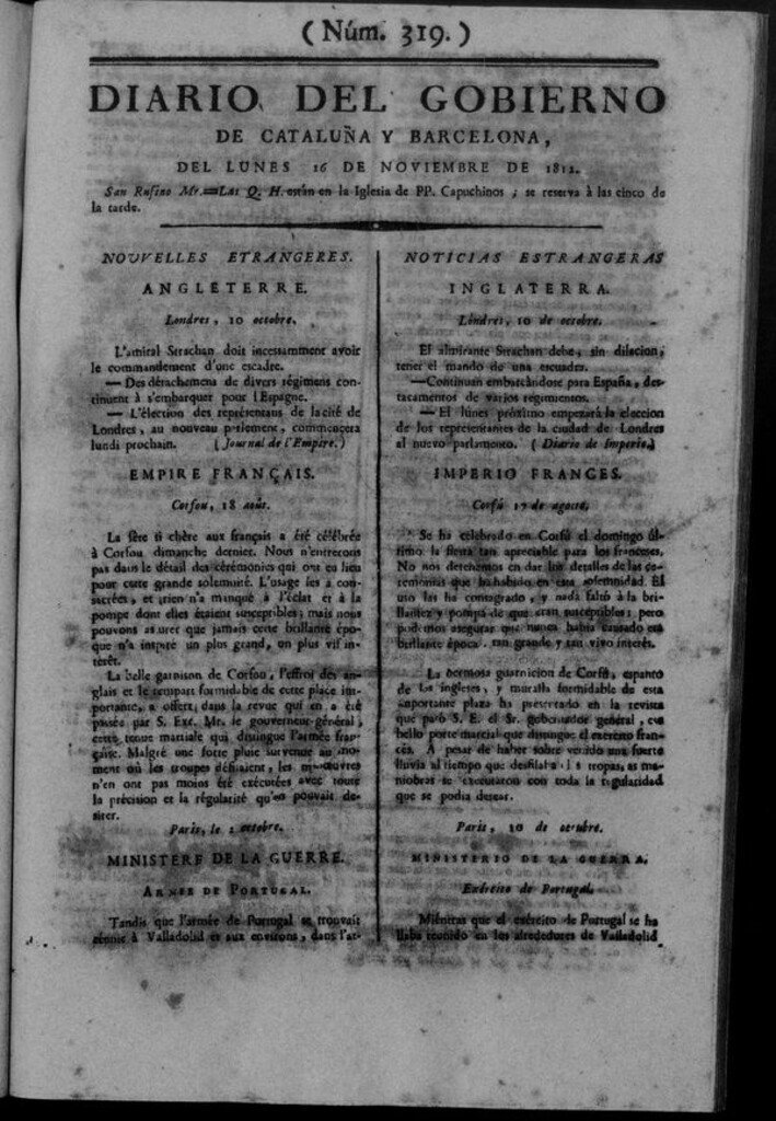 Miniatura de Diario de Barcelona del lunes 16 de noviembre de 1812