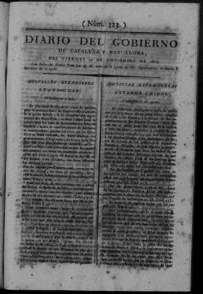 Miniatura de Diario de Barcelona del viernes 20 de noviembre de 1812