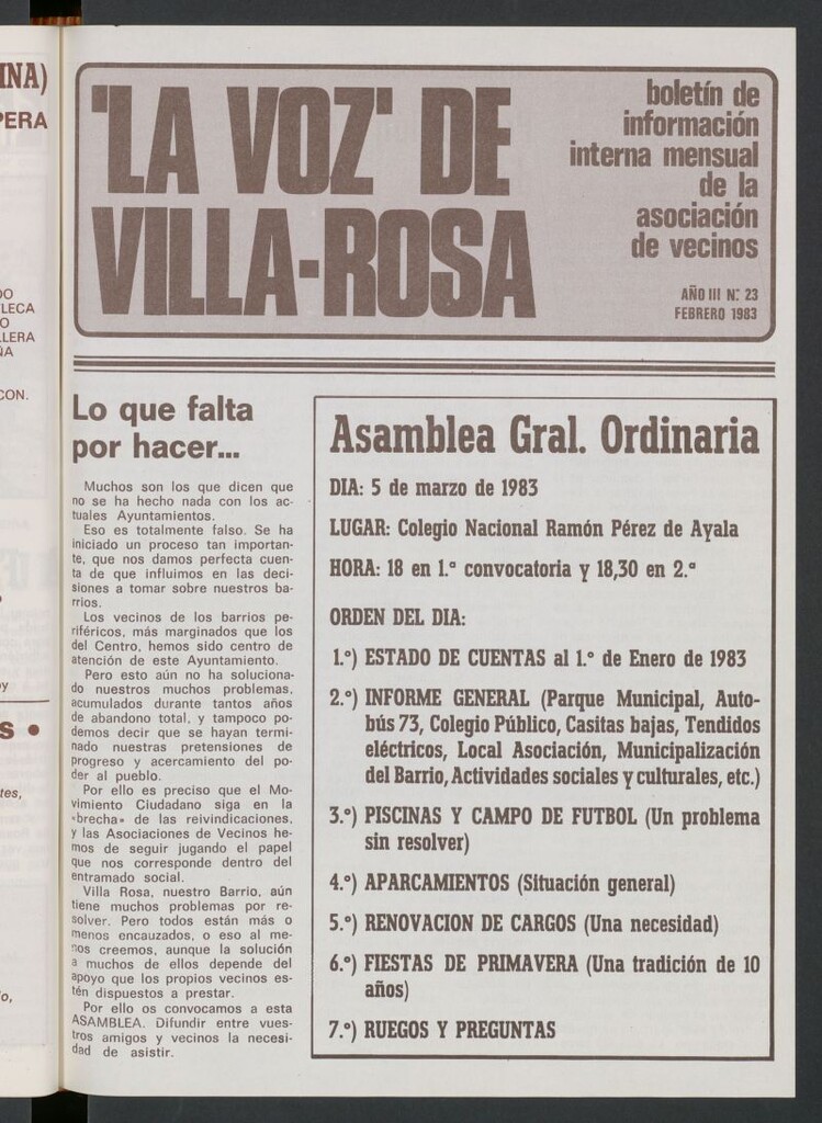 Miniatura de La Voz de Villa-Rosa: boletín informativo mensual de la asociación de vecinos, nº 23 de febrero de 1983