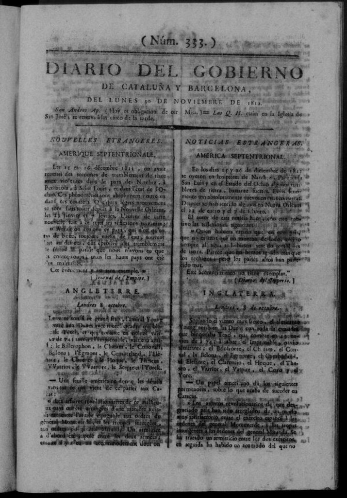 Miniatura de Diario de Barcelona del lunes 30 de noviembre de 1812