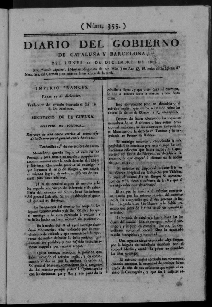 Miniatura de Diario de Barcelona del lunes 21 de diciembre de 1812