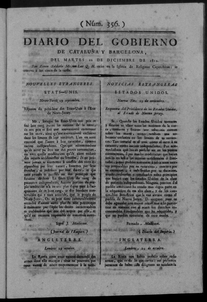 Miniatura de Diario de Barcelona del martes 22 de diciembre de 1812