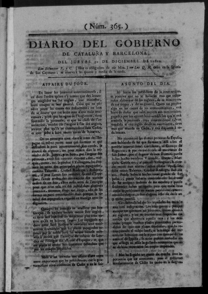 Miniatura de Diario de Barcelona del jueves 31 de diciembre de 1812