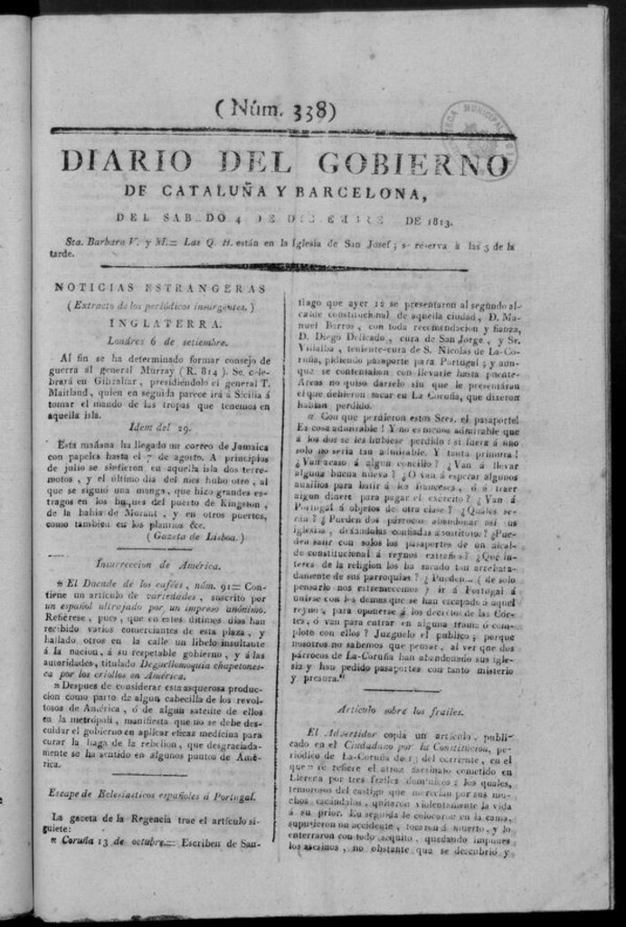 Miniatura de Diario de Barcelona del sábado 4 de diciembre de 1813