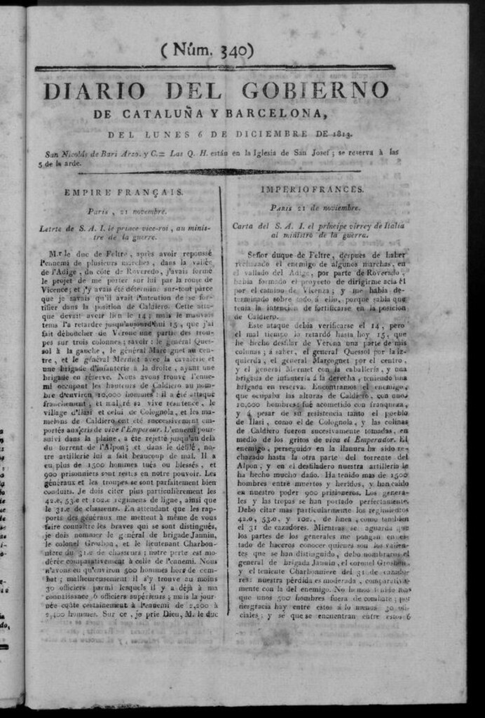 Miniatura de Diario de Barcelona del lunes 6 de diciembre de 1813