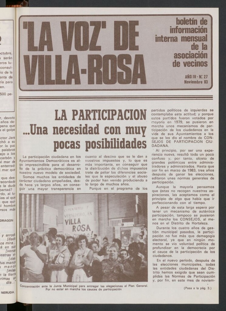 Miniatura de La Voz de Villa-Rosa: boletín informativo mensual de la asociación de vecinos, nº 27 de noviembre de 1983