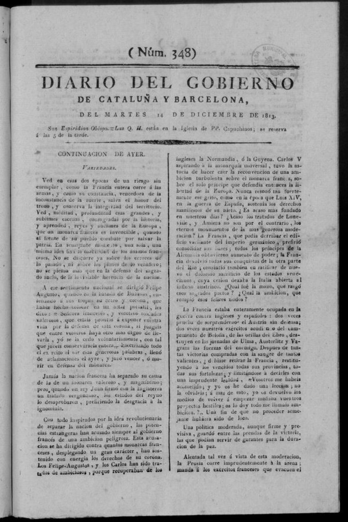 Miniatura de Diario de Barcelona del martes 14 de diciembre de 1813