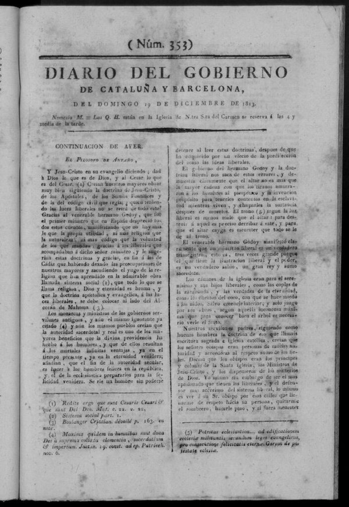 Miniatura de Diario de Barcelona del domingo 19 de diciembre de 1813