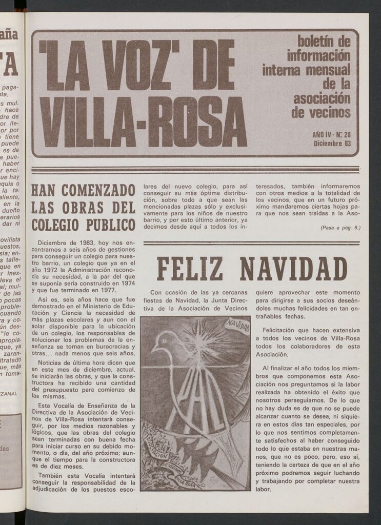 Miniatura de La Voz de Villa-Rosa: boletín informativo mensual de la asociación de vecinos, nº 28 de diciembre de 1983