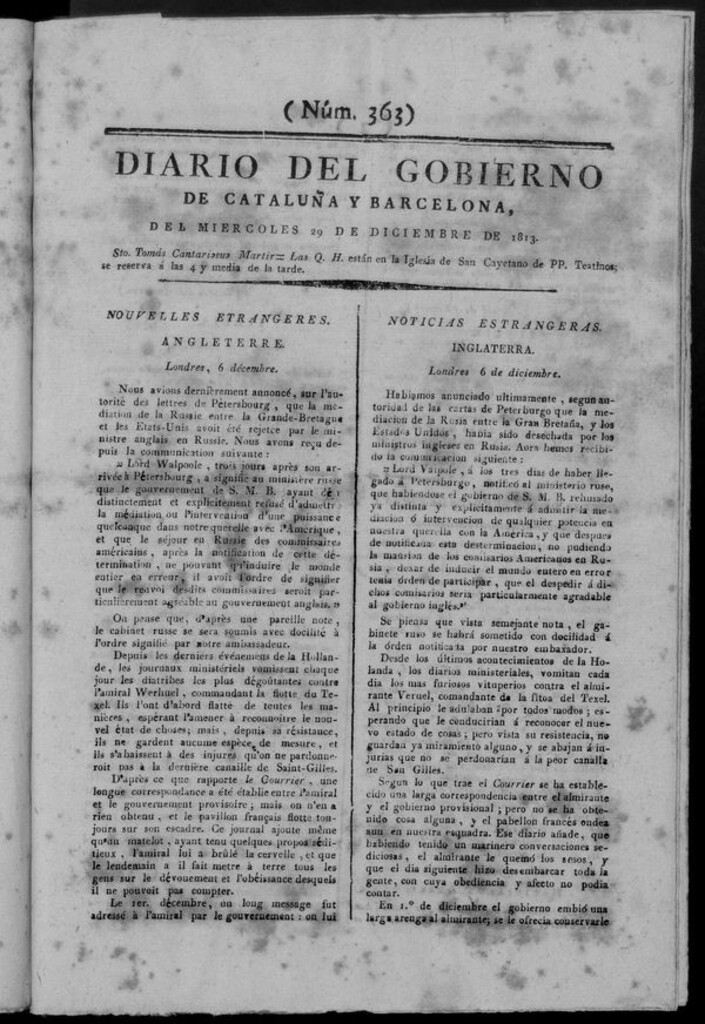 Miniatura de Diario de Barcelona del miércoles 29 de diciembre de 1813
