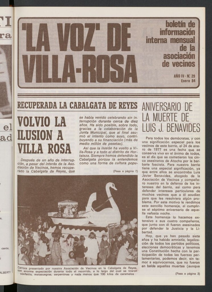 Miniatura de La Voz de Villa-Rosa: boletín informativo mensual de la asociación de vecinos, nº 29 de enero de 1984