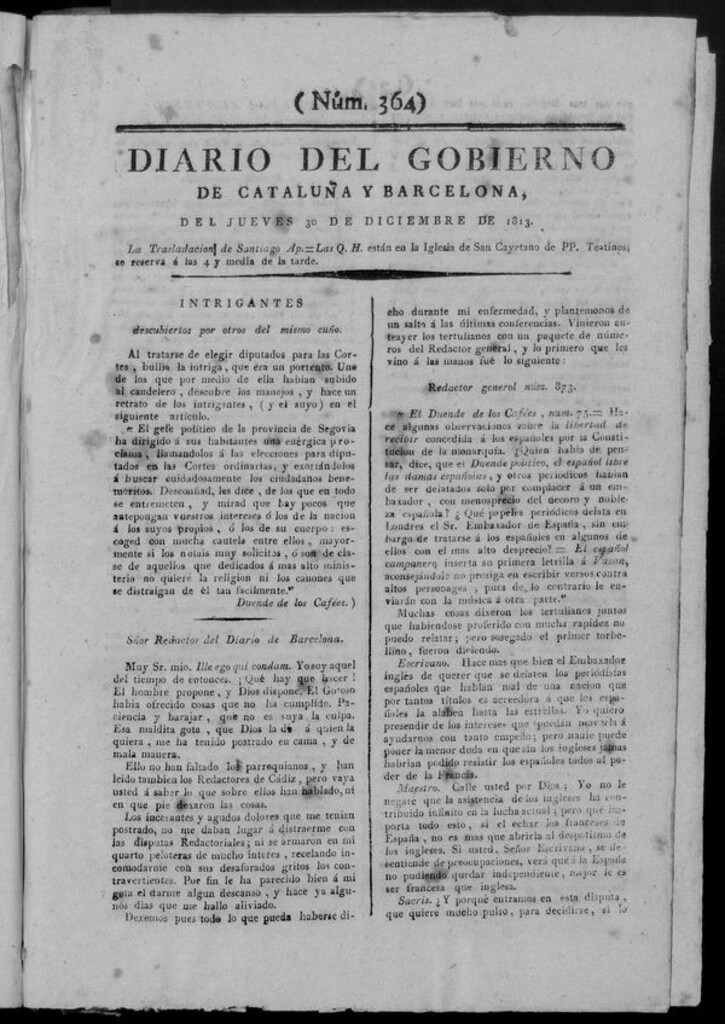 Miniatura de Diario de Barcelona del jueves 30 de diciembre de 1813