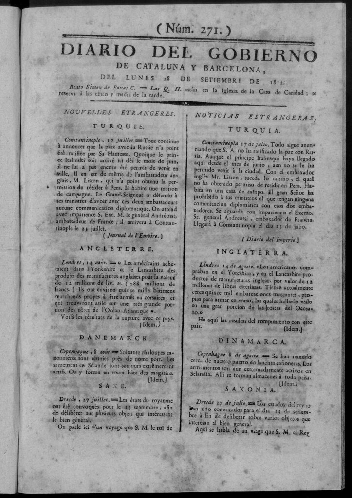 Miniatura de Diario de Barcelona del Lunes 28 de septiembre de 1812