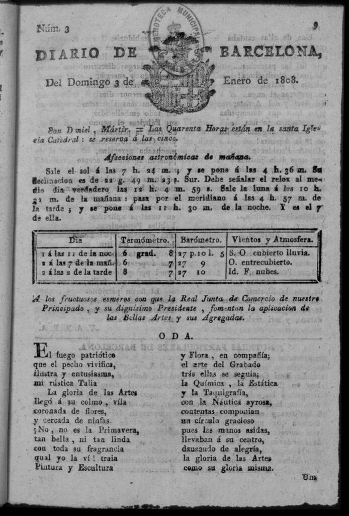 Miniatura de Diario de Barcelona del domingo 3 de enero de 1808
