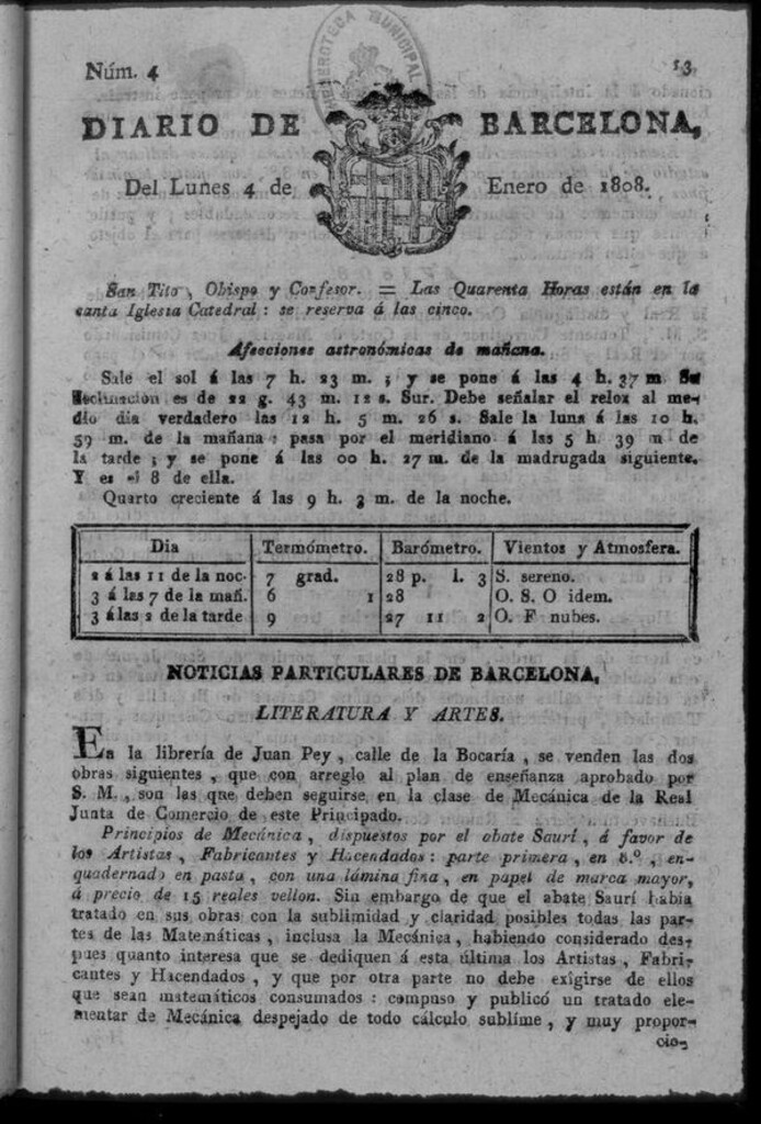 Miniatura de Diario de Barcelona del lunes 4 de enero de 1808