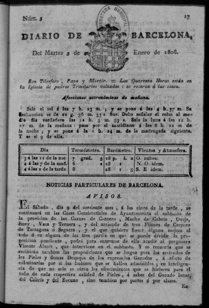 Miniatura de Diario de Barcelona del martes 5 de enero de 1808
