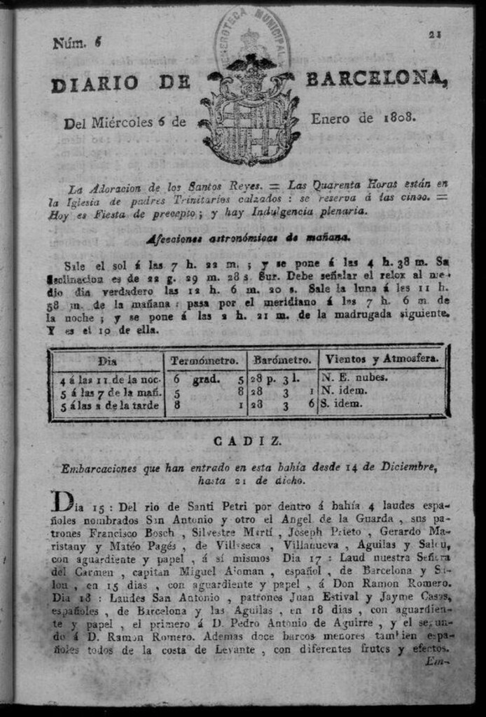 Miniatura de Diario de Barcelona del miércoles 6 de enero de 1808