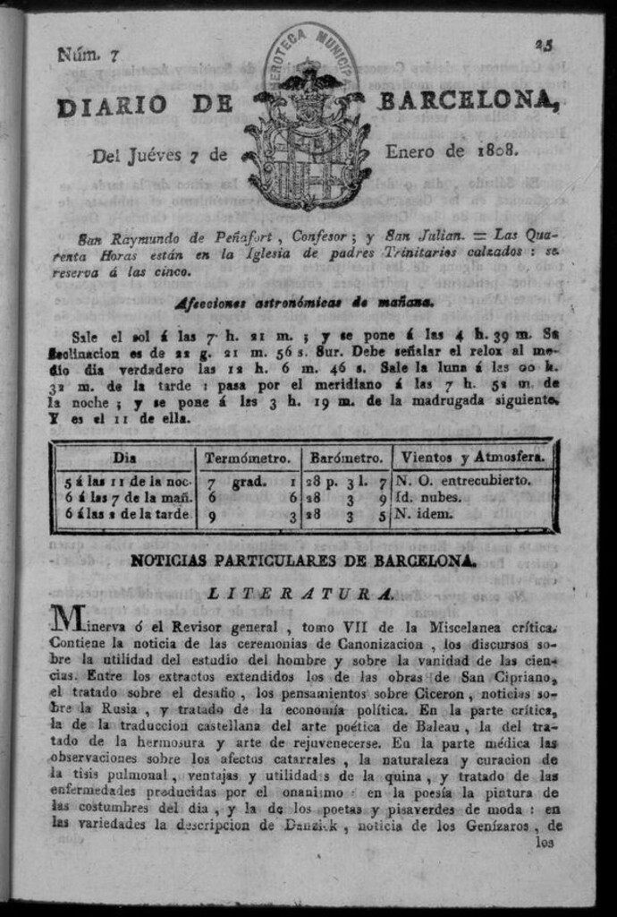 Miniatura de Diario de Barcelona del jueves 7 de enero de 1808