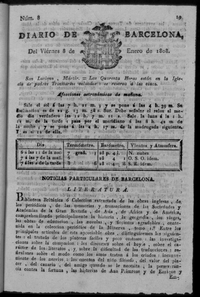 Miniatura de Diario de Barcelona del viernes 8 de enero de 1808