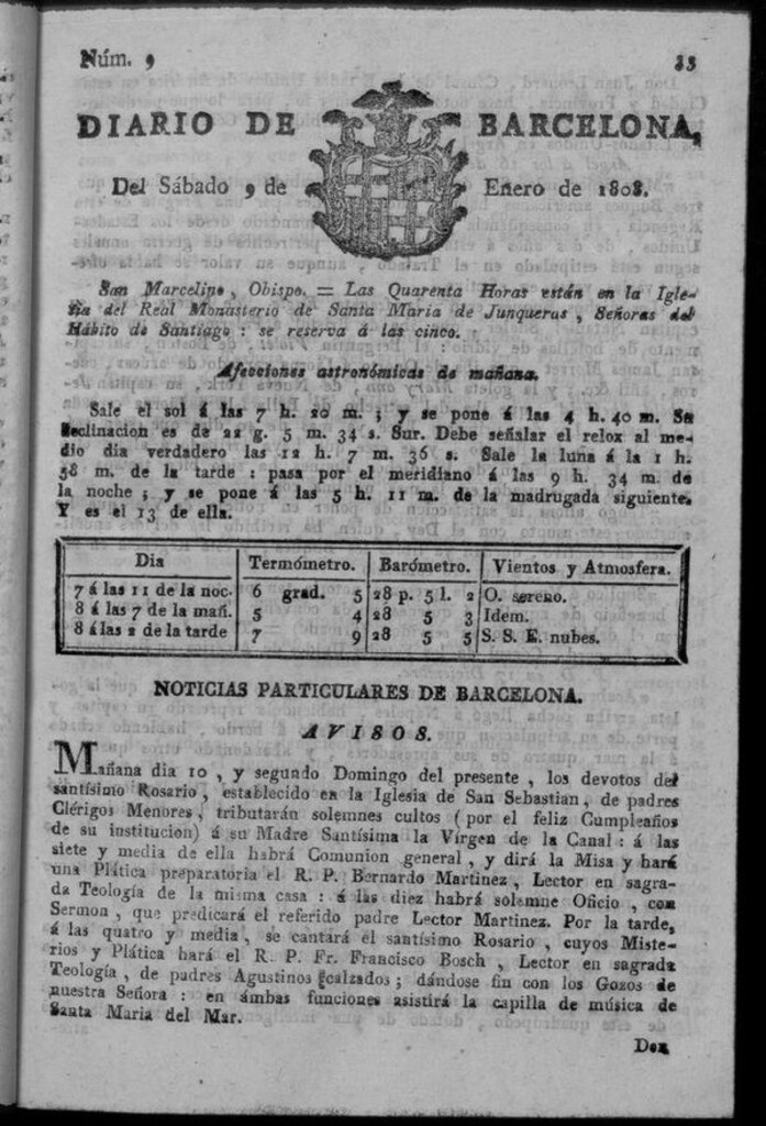 Miniatura de Diario de Barcelona del sábado 9 de enero de 1808