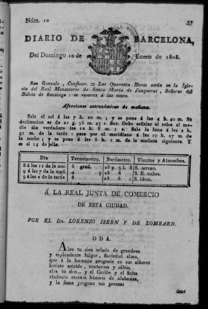 Miniatura de Diario de Barcelona del domingo 10 de enero de 1808