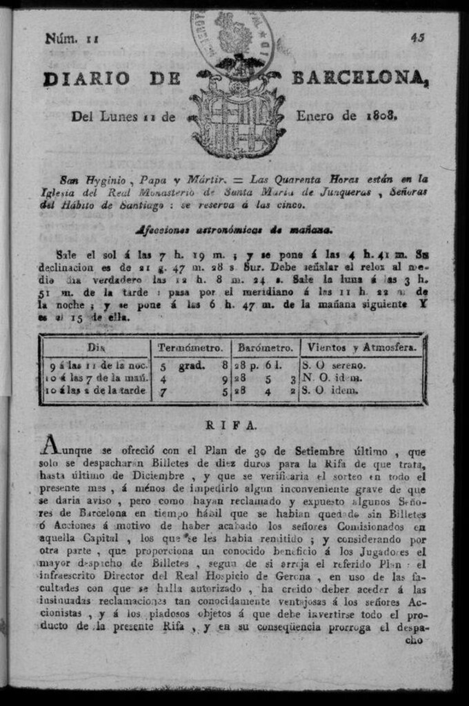 Miniatura de Diario de Barcelona del lunes 11 de enero de 1808