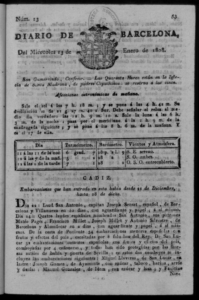 Miniatura de Diario de Barcelona del miércoles 13 de enero de 1808