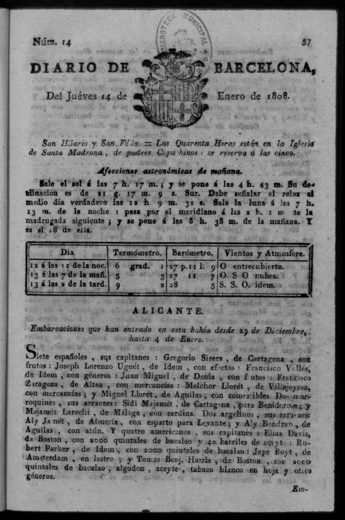Miniatura de Diario de Barcelona del jueves 14 de enero de 1808