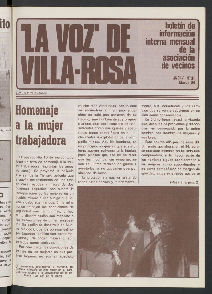 Miniatura de La Voz de Villa-Rosa: boletín informativo mensual de la asociación de vecinos, nº 31 de marzo de 1984