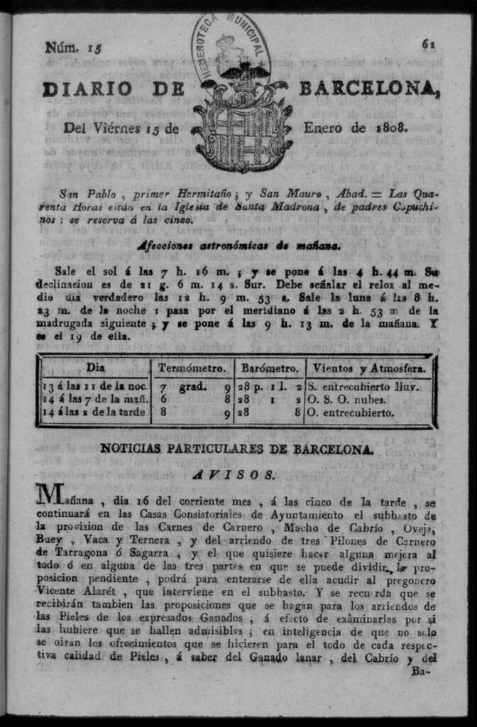 Miniatura de Diario de Barcelona del viernes 15 de enero de 1808