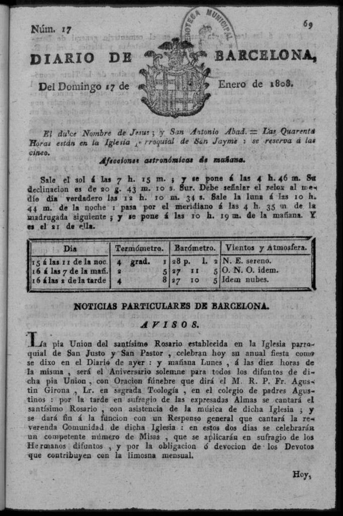 Miniatura de Diario de Barcelona del domingo 17 de enero de 1808