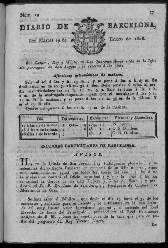 Miniatura de Diario de Barcelona del martes 19 de enero de 1808