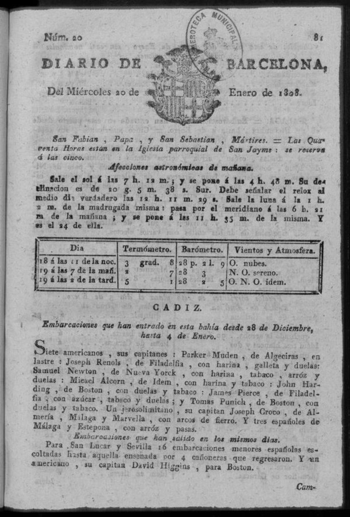 Miniatura de Diario de Barcelona del miércoles 20 de enero de 1808