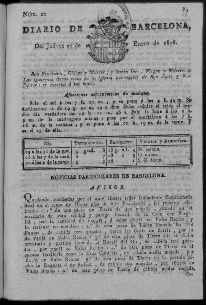 Miniatura de Diario de Barcelona del jueves 21 de enero de 1808